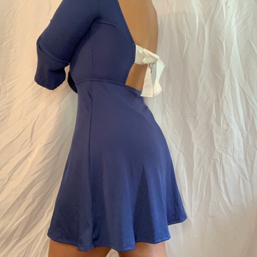 Blue Self-Tie Skater Dress with White Bow